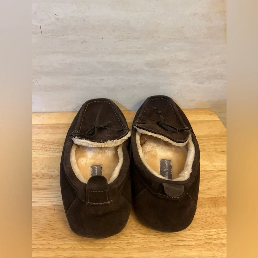 Eddie Bauer men's faux-fur lined moccasin slippers in dark brown suede